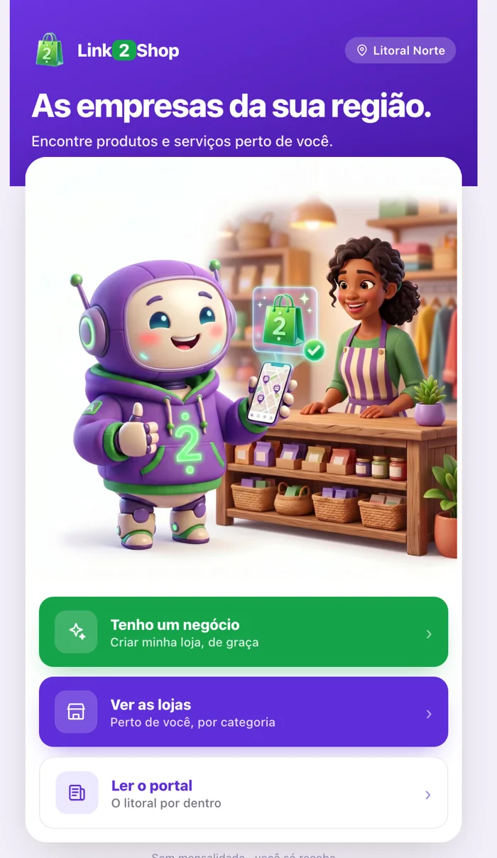 Link2Shop no celular, com o robô mascote apresentando as lojas da região
